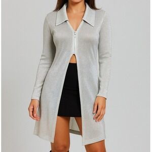 Vintage 90s does 70s New Star Silver Metallic Longline Zip Front Top Tunic Disco